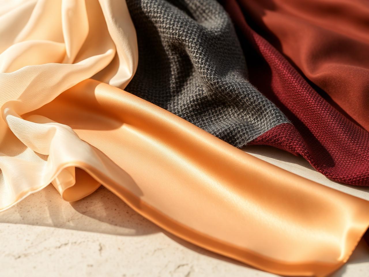Ivory, copper, charcoal, and burgundy textiles arranged for material study