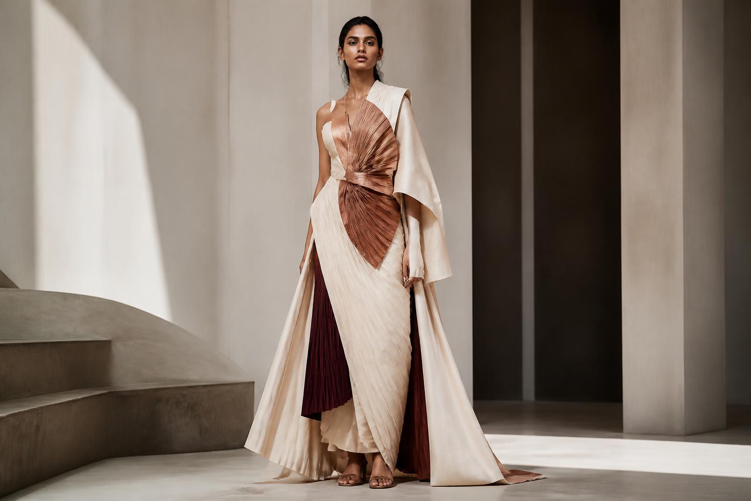 Model wearing a sculptural ivory and copper Kapaas garment